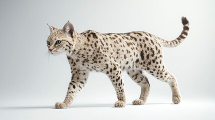 Naklejka premium Elegant Spotted Cat Walking Gracefully on a Light Background