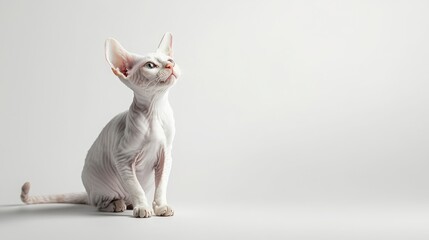 Graceful White Cat Sitting and Looking Up with Eager Expression