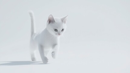 Obraz premium Playful white kitten running on a soft white background