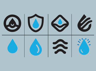 Waterproof, liquid resistant layers, protection from rain, water drops icon set Black logo set with water drop, wave, rain, sea symbol