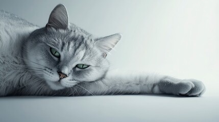 Relaxed gray cat lounging on a light background with serene expression