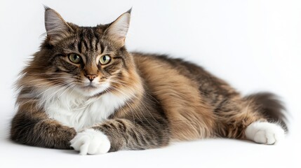 Fluffy Maine Coon Cat Lying on Bright White Surface Relaxed Pose