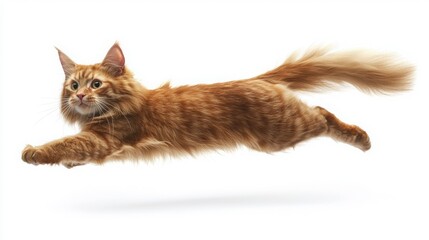 Energetic Orange Cat Leaping in Air Against White Background