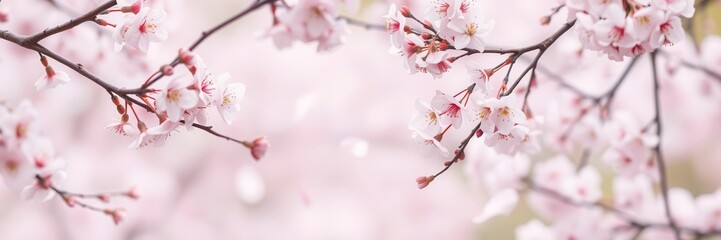 Fototapeta premium Pink sakura petals gently falling against a soft pastel background, season, cherry blossom, beauty