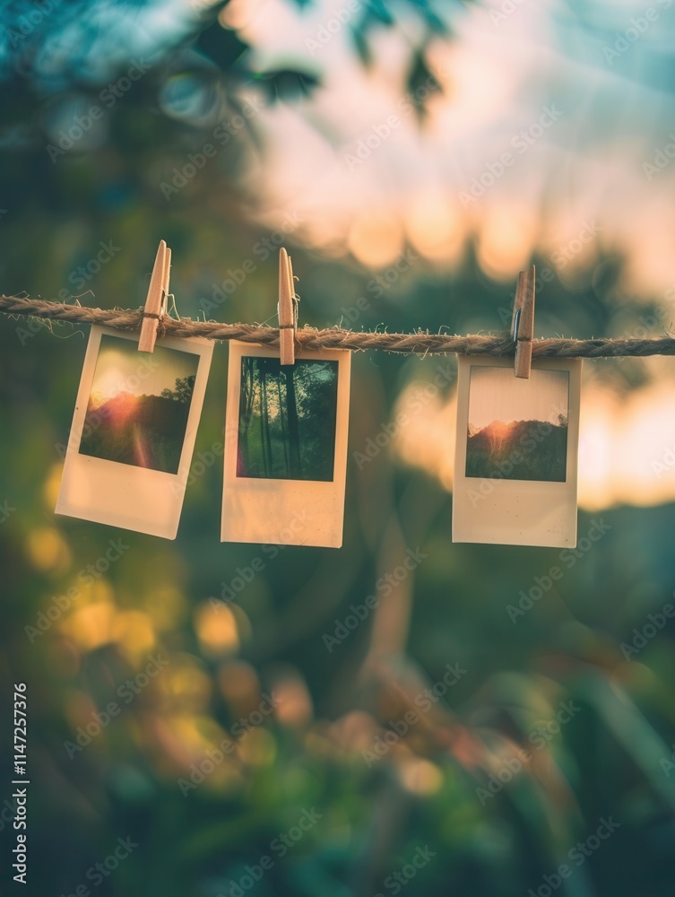Aufkleber polaroid pictures displayed on string with clothespins in a vibrant outdoor setting during sunset. g