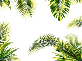 Tropical palm leaves in vibrant shades of green and yellow against a blue sky backdrop, vibrant, tropical design, green