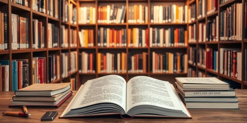 Two open soft cover books, laying flat on a table with blank pages for customization, bookstore, concept, education