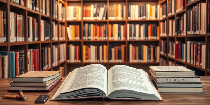 Two open soft cover books, laying flat on a table with blank pages for customization, bookstore, concept, education