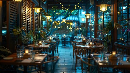 Nighttime ambiance of a tropical-themed outdoor restaurant with candlelit tables.