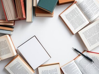 Obraz premium Two open soft cover books mockup on a wooden table, publishing, literature, design