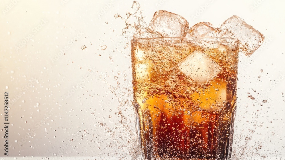 Poster A clear beverage with ice cubes splashing into it, captured in mid-motion, perfect for conveying excitement and leaving space for text in an active setting