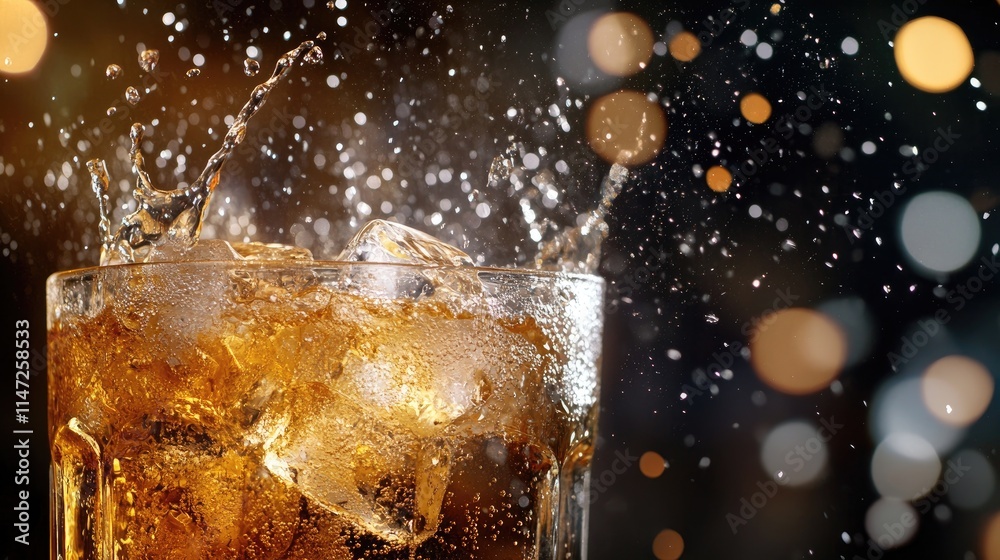 Poster A clear beverage with ice cubes splashing into it, captured in mid-motion, perfect for conveying excitement and leaving space for text in an active setting