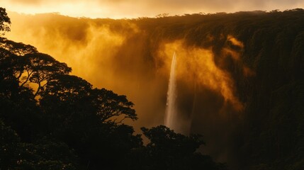 Golden sunset illuminates a waterfall cascading through a lush rainforest valley.