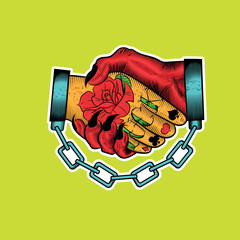 illustration of tattoo handshake between handcuffed man and devil, tattooed man's hand, colored with white border