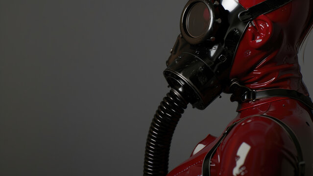 Woman in a red latex suit wearing a black gas mask