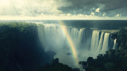 Majestic waterfall with rainbow, lush greenery, dramatic sky.