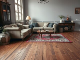 Vintage style grey living room interior with trendy sofa, wooden flooring, antique rug, vintage decor elements, grey, antique rug