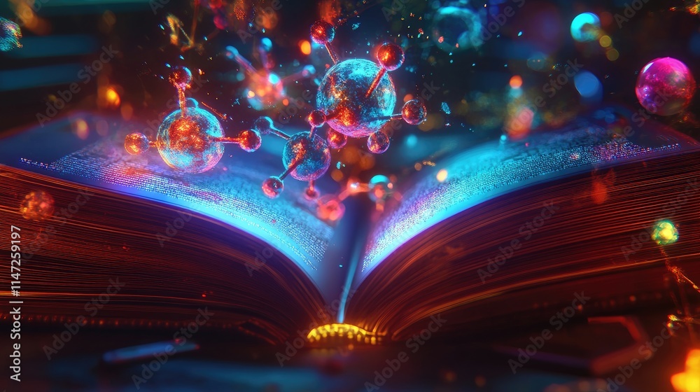 Poster a close-up of an open book with a holographic display of atoms and molecules rising from its pages, 