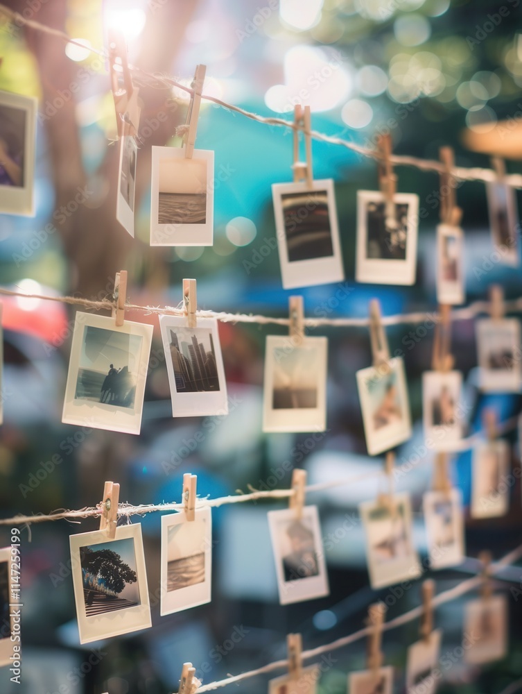 Aufkleber Polaroid photos displayed on string with clothespins in outdoor setting for creative memories. Generative AI