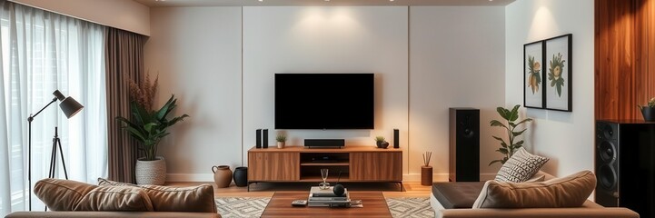 Wooden living room furniture with TV set and comfortable sofa, entertainment, decor, minimalist