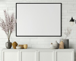 Simple black frame resting above a white modern cabinet, waiting for your personalized touch.