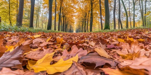 Autumnal path lined with vibrant fallen leaves.