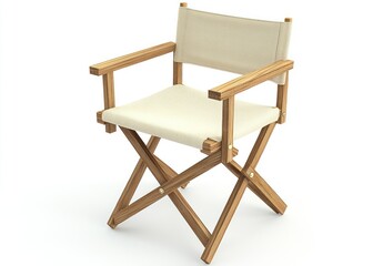 Natural canvas director's chair with a wooden frame, 3D rendered on a white background.