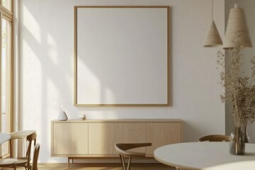 Minimal dining room with a light oak sideboard, blank poster frame, and natural light.