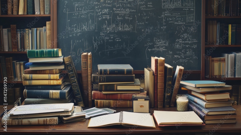 Poster organized desk filled with books, notebooks, and stationery against a chalkboard backdrop in a study