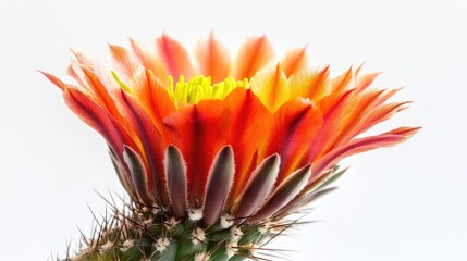 A close-up shot of a vibrant cactus succulent flower, highlighting its intricate details and rich colors, set against a crisp white backdrop for a clean, minimalist aesthetic
