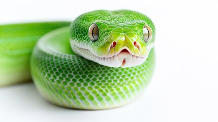 Obraz premium Close-up portrait of a vibrant green tree python coiled against a clean white background.