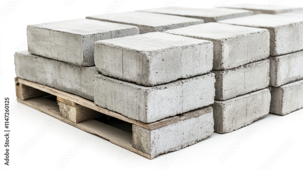 Aufkleber A close-up view of cement blocks stacked on a pallet, isolated on white to accentuate the solid form and texture of the material