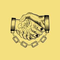 tattoo illustration handshake between handcuffed man and devil, man's hand tattooed