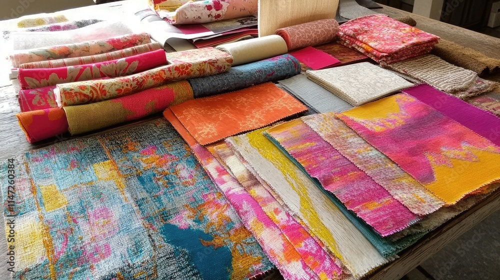 Poster a collection of fabric swatches in a range of bright colors and textures, carefully arranged on a we