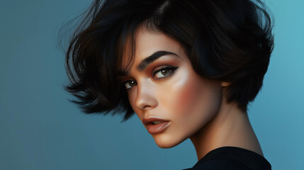 Fototapeta premium Portrait of a beautiful young woman with a short haircut on a blue background , short black hairstyle 
