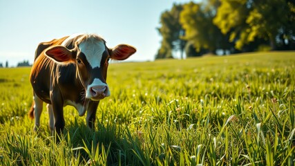 Summer Meadow Cow Landscape - Bright Green Grass, AI Photo