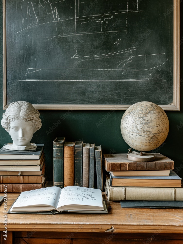 Poster detailed workspace with books, notebooks, and stationery on a wooden desk beneath a chalkboard in an