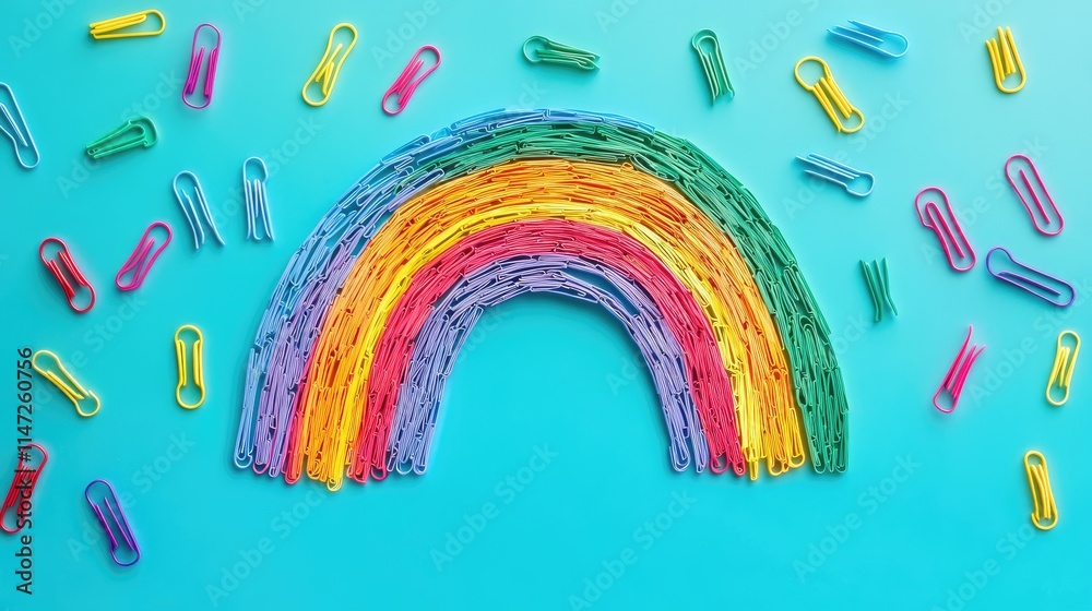 Poster a creative arrangement of vibrant paper clips forming a rainbow across a turquoise backdrop, creatin