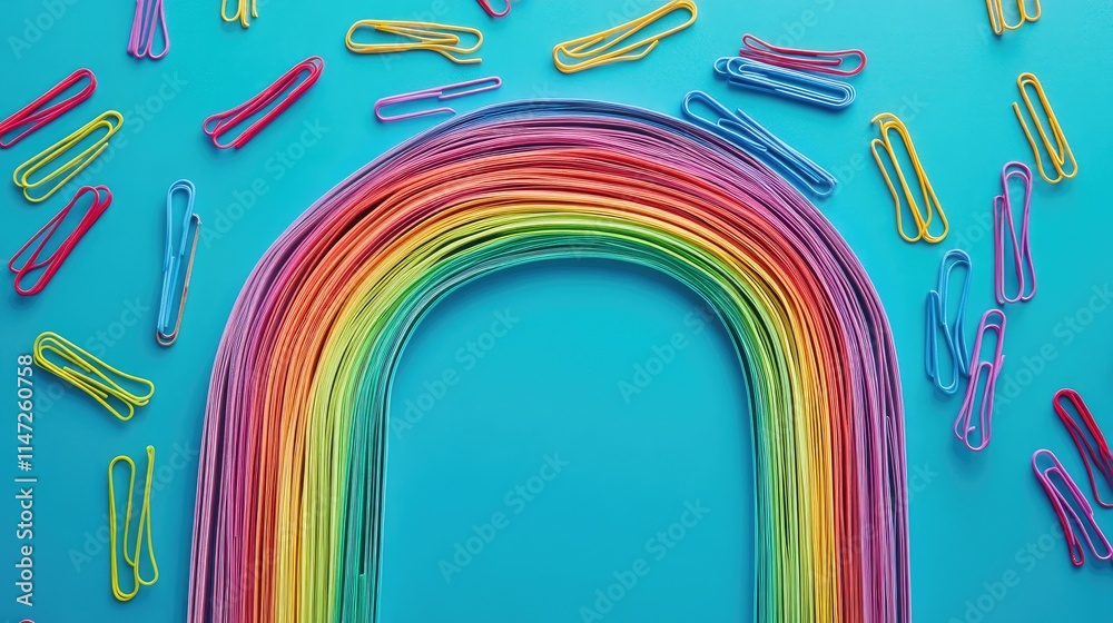 Poster a creative arrangement of vibrant paper clips forming a rainbow across a turquoise backdrop, creatin