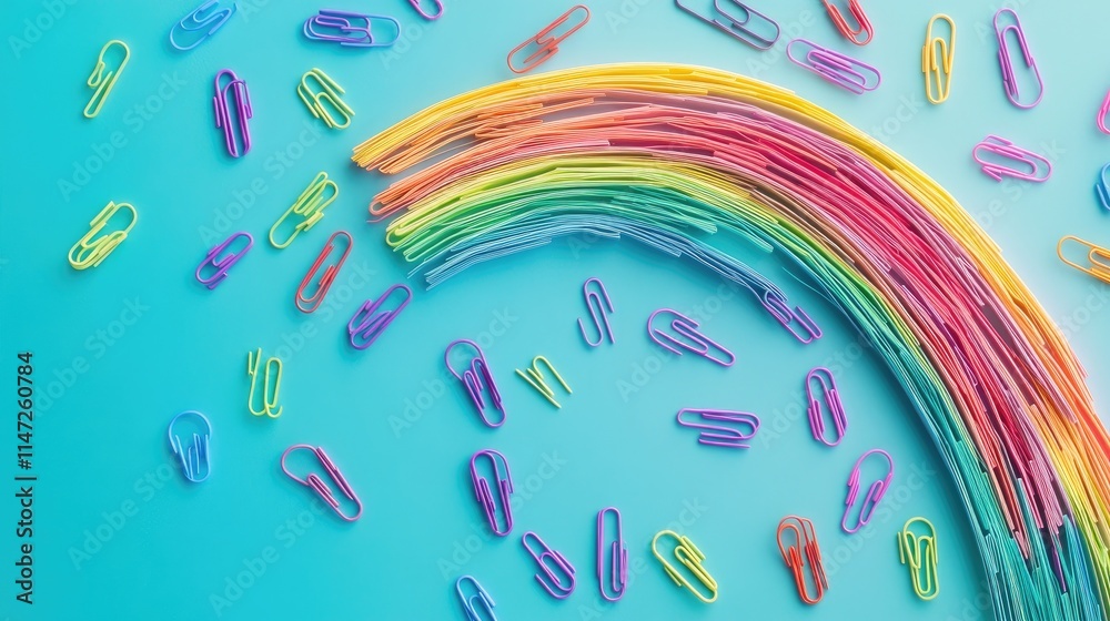 Poster a creative arrangement of vibrant paper clips forming a rainbow across a turquoise backdrop, creatin