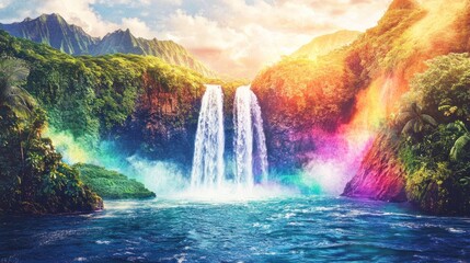 Vibrant double waterfall cascading into a serene pool, surrounded by lush tropical rainforest and radiant rainbow mist at sunset.