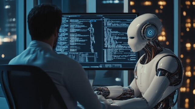 Human and AI collaborating on tasks in a high tech workspace with city lights in the background at night. Generative AI