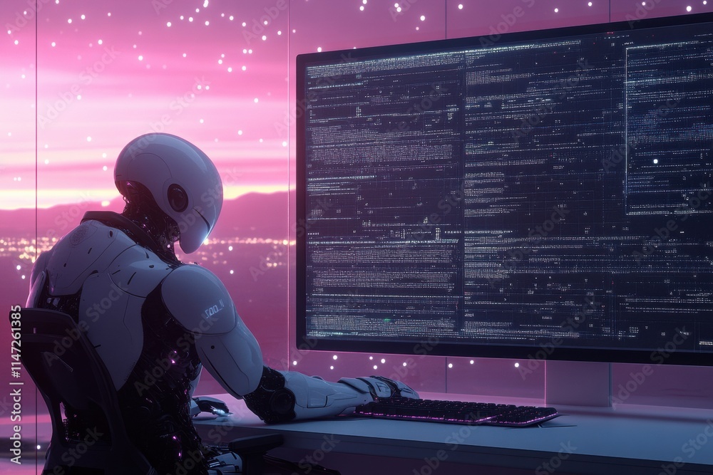 Poster collaboration between human and ai at a digital workstation during sunset. generative ai