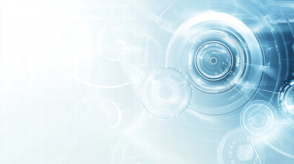 Abstract background with futuristic technology elements, blue and white color scheme, white circular shapes on a light blue background