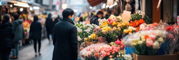 Man walking past vibrant flower market stall in busy city street.