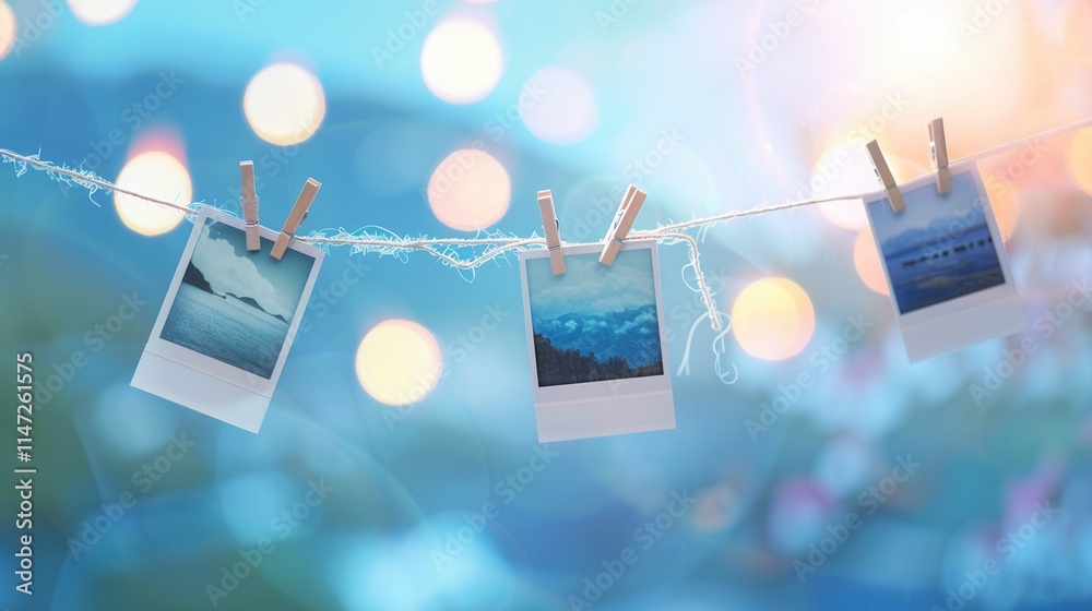 Poster polaroid photographs hanging on twine with clothespins against a soft blue background during a warm 