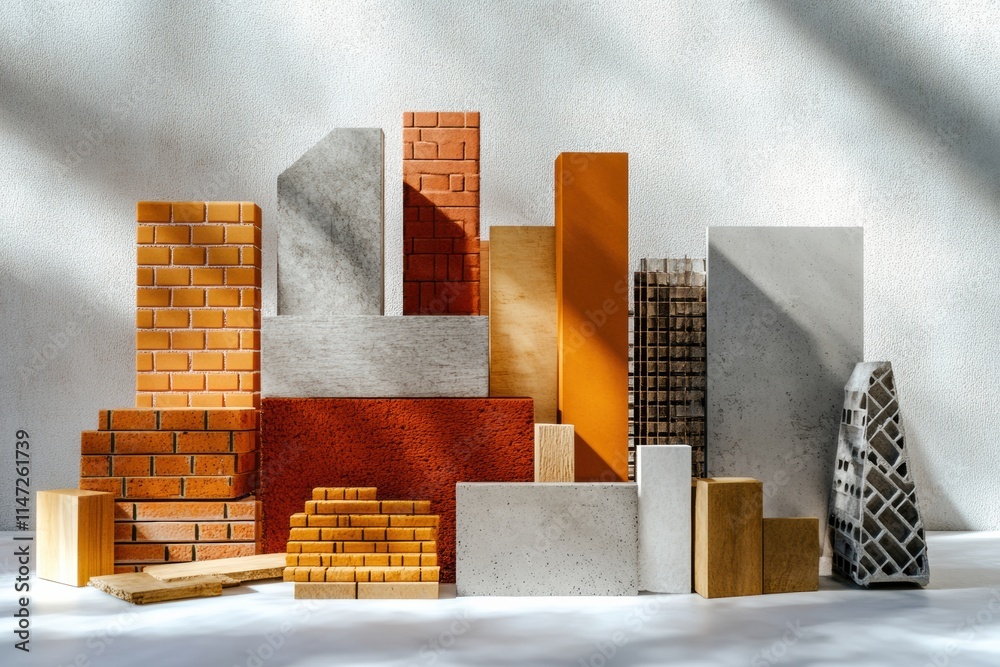 Poster variety of construction materials displayed on a light background showcasing bricks, wood, and concr