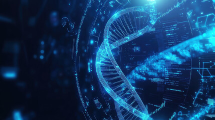 Digital background featuring a double helix and DNA structure in shades of blue, with hologram elements on the right side of the composition