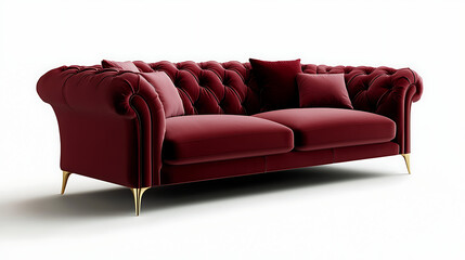 Fototapeta premium A red velvet couch with gold legs and pillows