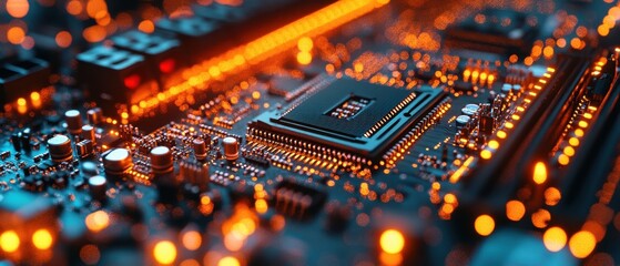 Close-up of illuminated circuit board with central processor. (2)